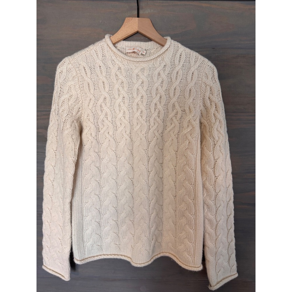 Tory Burch Cable Knit Cashmere Sweater Cream Ivory Crew Neck Pullover Size P